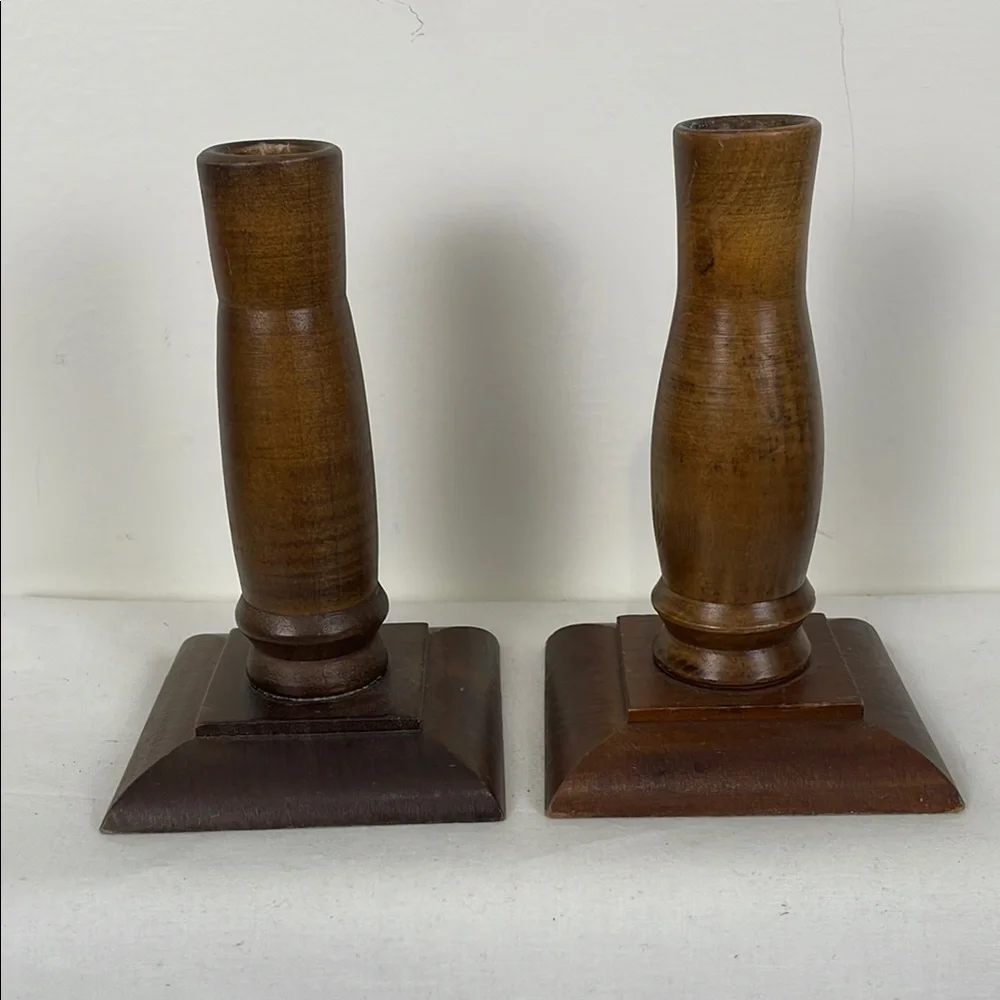 Vintage Wooden Candle Sticks Tapers Square Base Short Ardco Mid Century